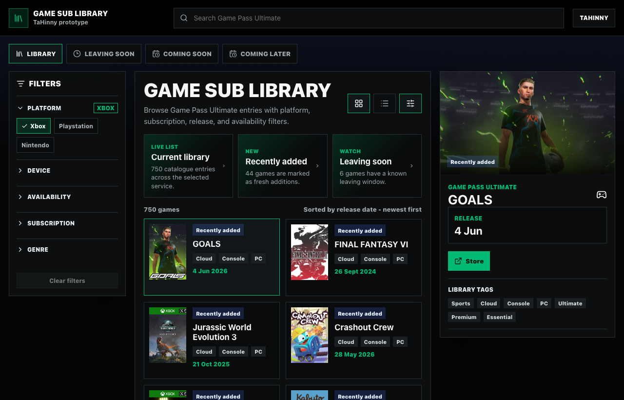 Games Subscription Library interface preview