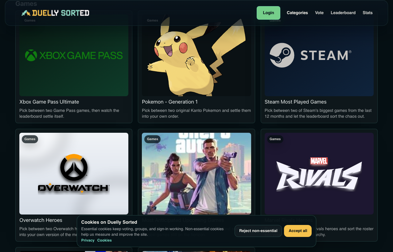 Duelly Sorted games category interface preview